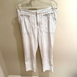 Anthropologie Postmark Blue White Striped Linen Blend Ruffle Pocket Pants Size M